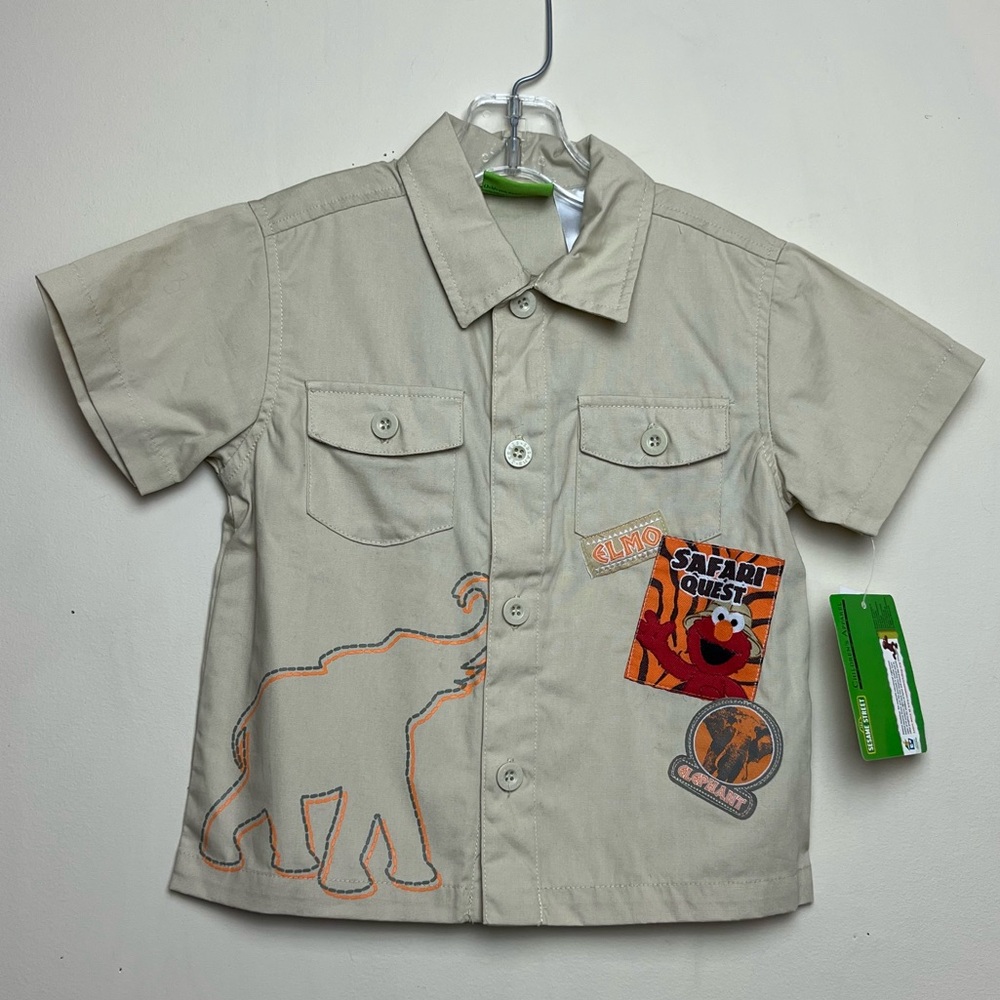 VTG‎ NWT Sesame Street Elmo 3T Safari Shirt Short Sleeve Button Up Khaki Y2K 09